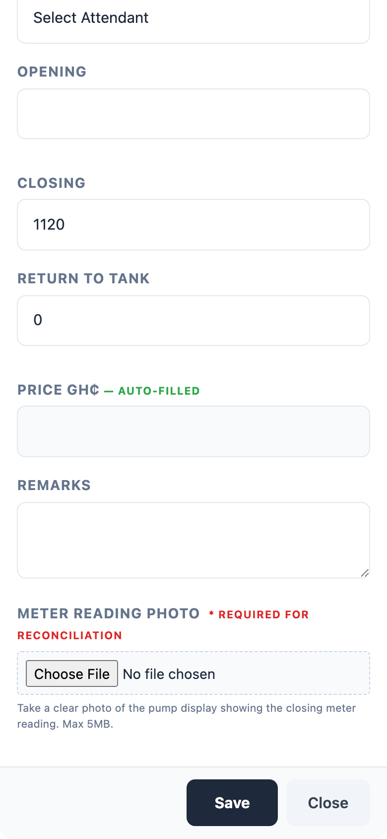 Forecourt 360 mobile nozzle entry form showing a required meter reading photo upload