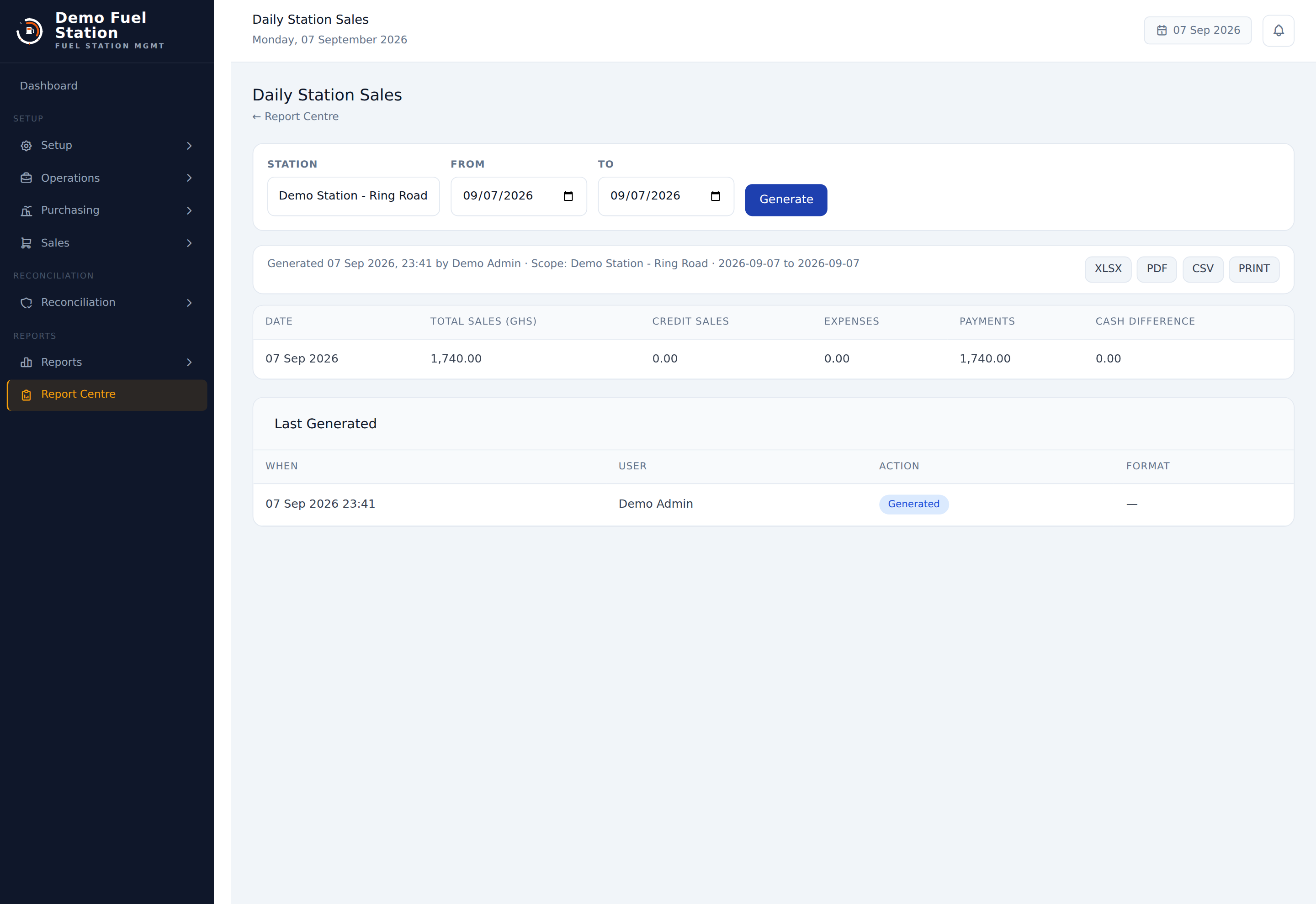 Forecourt 360 generated Daily Station Sales report with export options for XLSX, PDF, CSV and print