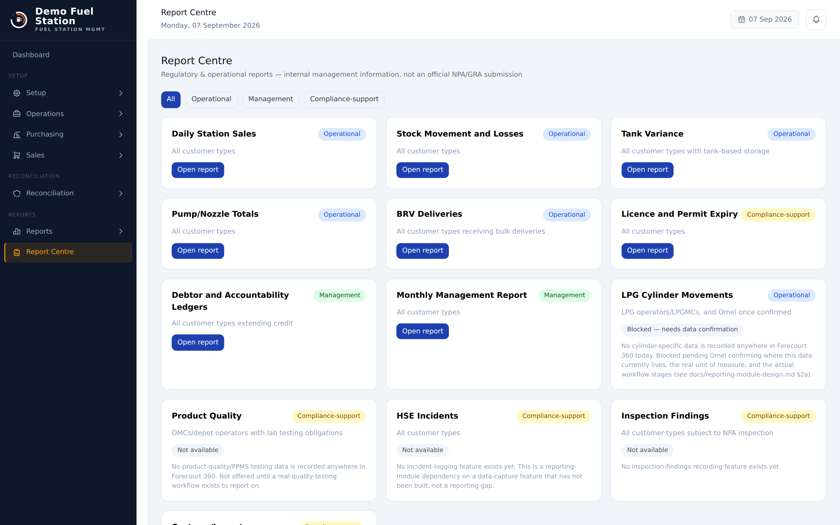 Forecourt 360 Report Centre showing operational, management and compliance-support reports including daily station sales, stock movement, tank variance and licence and permit expiry